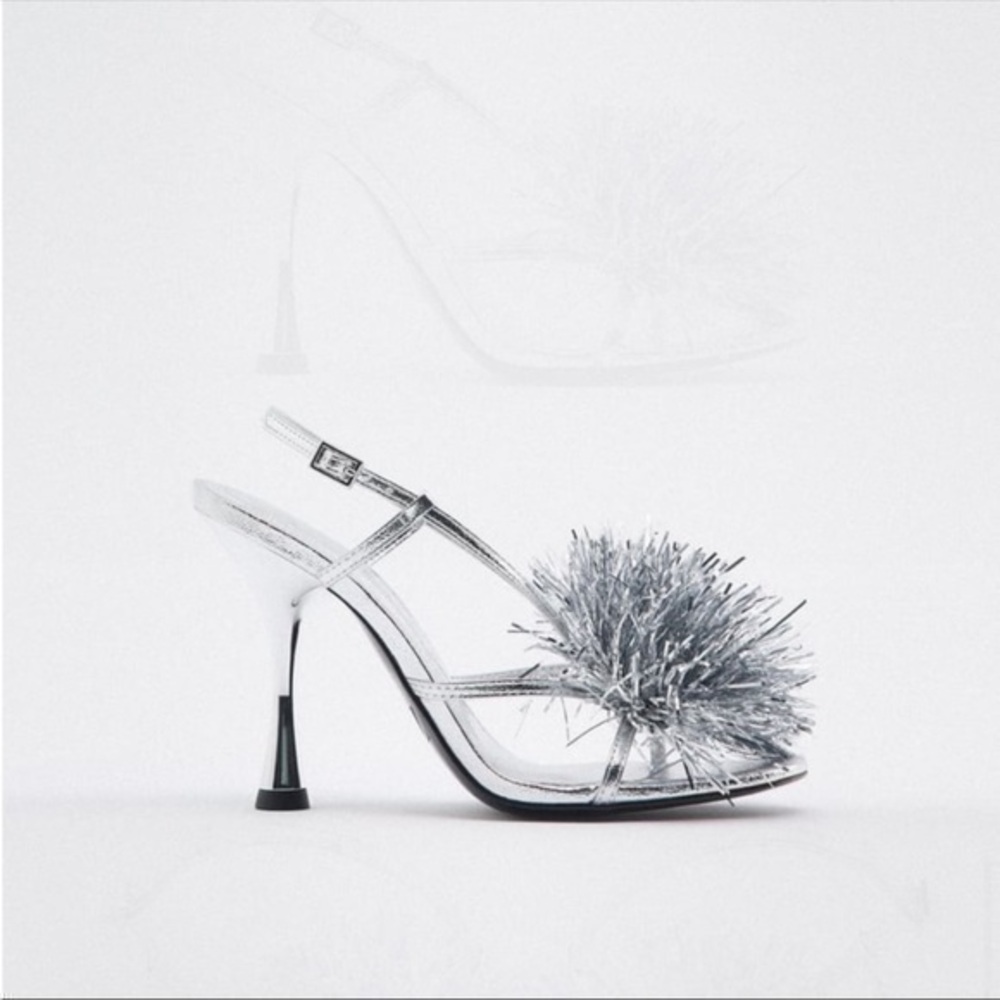 Zara Silver Heels with Pom Pom Detail
